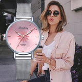 Luxury Silver Popular Pink Dial Flowers Metal Ladies